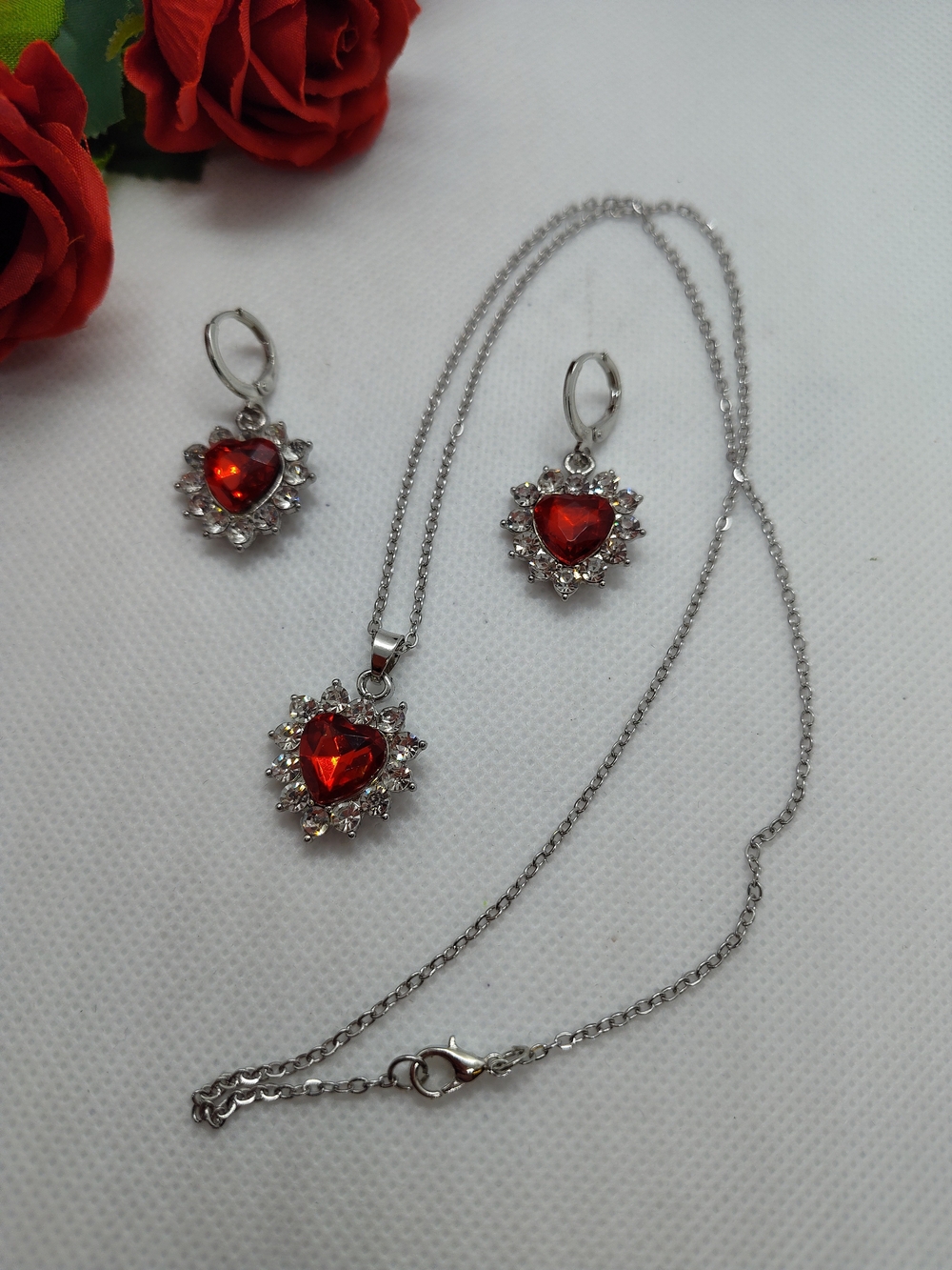 Silver Necklace and Earring Set with Red Heart Crystals